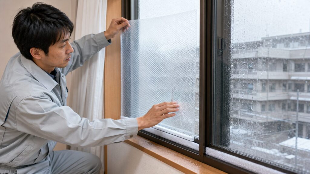 マンションの窓ガラスに、結露防止用の断熱シートを丁寧に貼り付ける工務店の専門家（日本人男性）。窓の下部には結露吸水テープが貼られ、水滴をキャッチしている様子を専門家の手つきで紹介。
