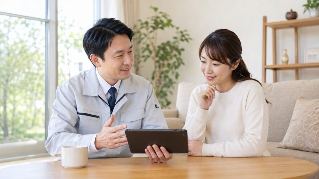 工務店のスタッフがタブレットを使い、日本人女性にペアガラス交換の費用や保証適用の可能性を分かりやすく説明している様子。二人は安心した表情で相談している。