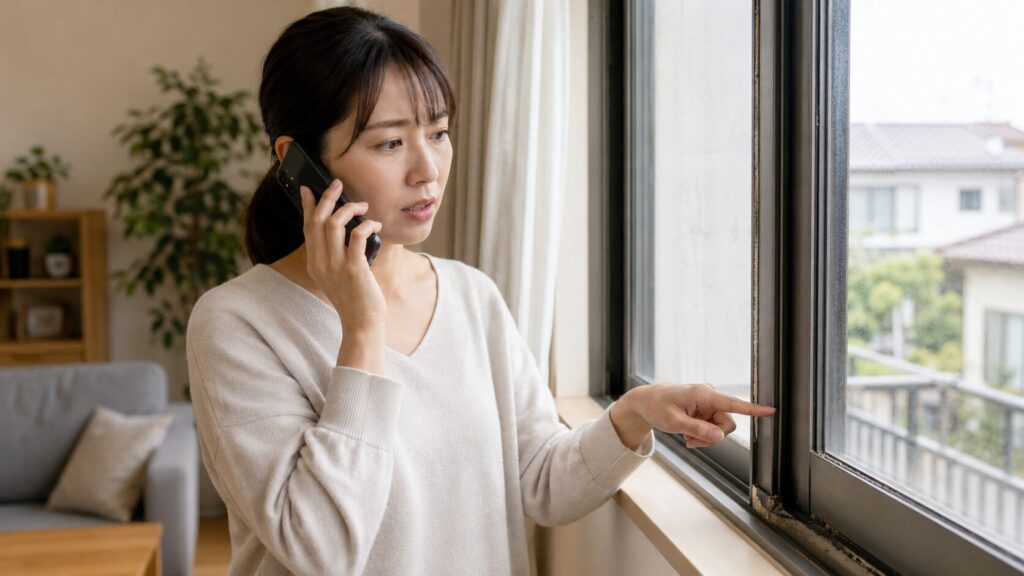 窓際でスマートフォンを持ち、管理会社や大家さんにサッシのゴムパッキンの劣化について電話で相談している日本人女性。