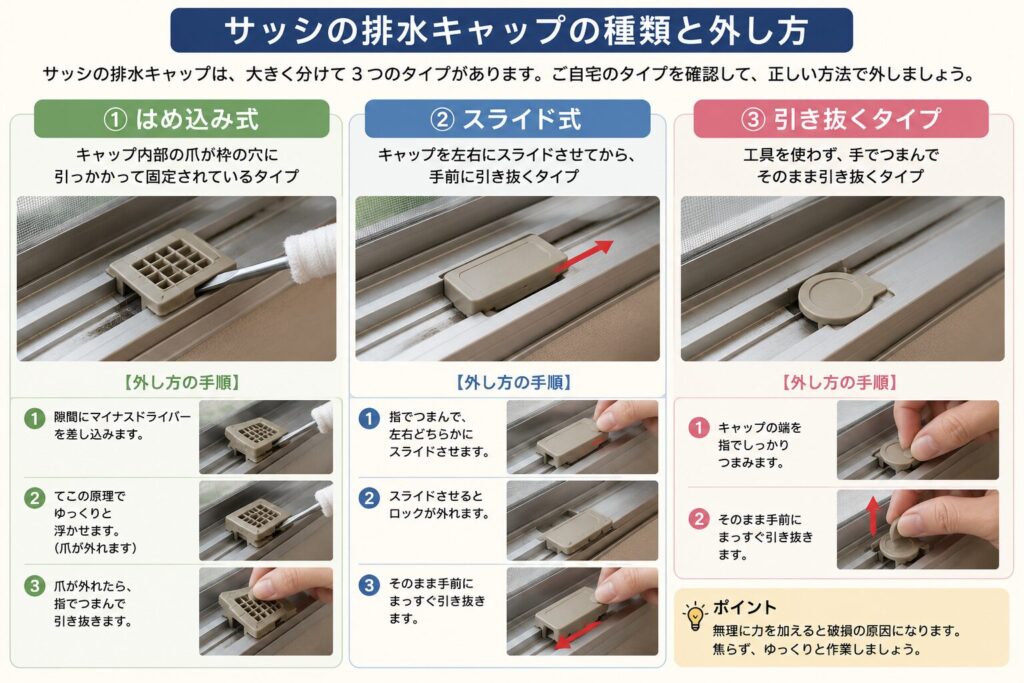 サッシの排水キャップ種類と3タイプの外し方(はめ込み式、スライド式、引き抜くタイプ)