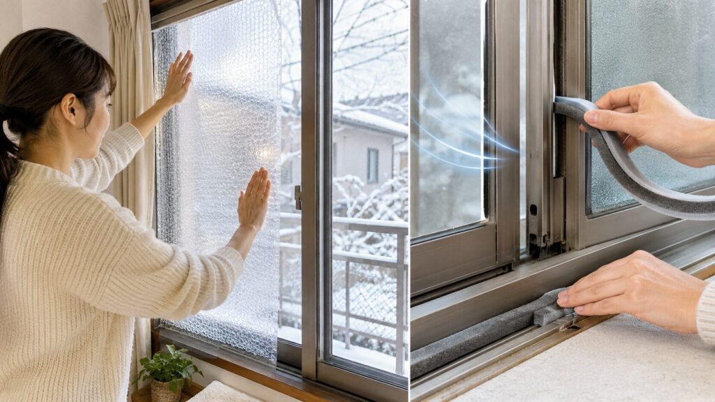 窓ガラスに専用の断熱シートを貼る&隙間テープを活用する。