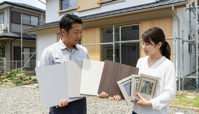 建築現場の屋外で、工務店スタッフと施主が、外壁材サンプルとプラチナステンサッシのサンプルを太陽光の下で並べて色味を確認している様子。
