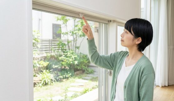 日本の住宅の1階テラス窓の前で、アジア人女性（画像2、3と同じ主婦）が、庭に面した網戸（網戸）の前に立っている。彼女は網戸の上部フレームに指をかけ、網戸専用の小さな「外れ止め」部品を確認している。窓辺での点検と安全対策。