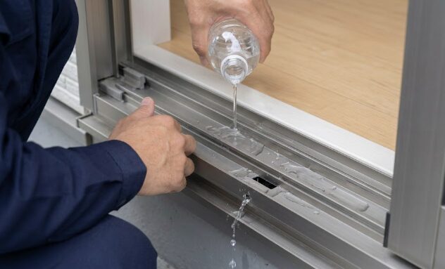 窓サッシのレールに水を流し、水抜き穴から屋外へ排水される仕組みを実演