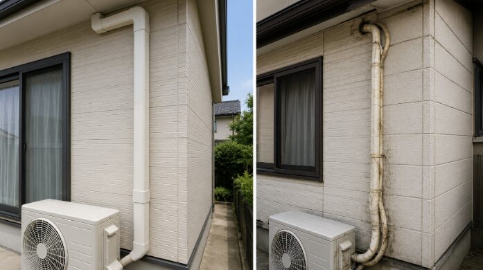 エアコン工事の品質の違いを示す対比画像。左側は丁寧な化粧カバー仕上げ、右側は雑なテープ巻き仕上げ。下請け業者（人）による施工品質の差