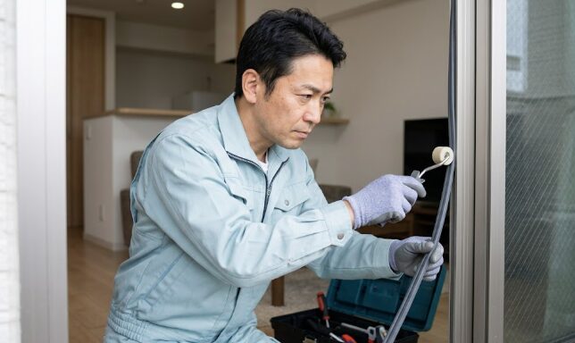 マンションの一室で、真剣な表情で専用ローラーを使い、新しい窓サッシゴム（グレイジングチャンネル）を丁寧に指先で埋め込む日本人作業員の様子。
