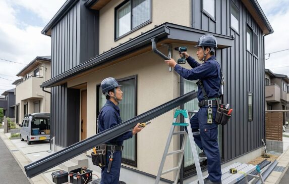 住宅の外壁に新しい雨樋を後付けで設置する、プロの専門業者による施工工事の様子