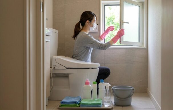 マスクとゴム手袋を着用し、窓を開けてトイレを換気する日本人女性。手前には整頓された掃除道具。