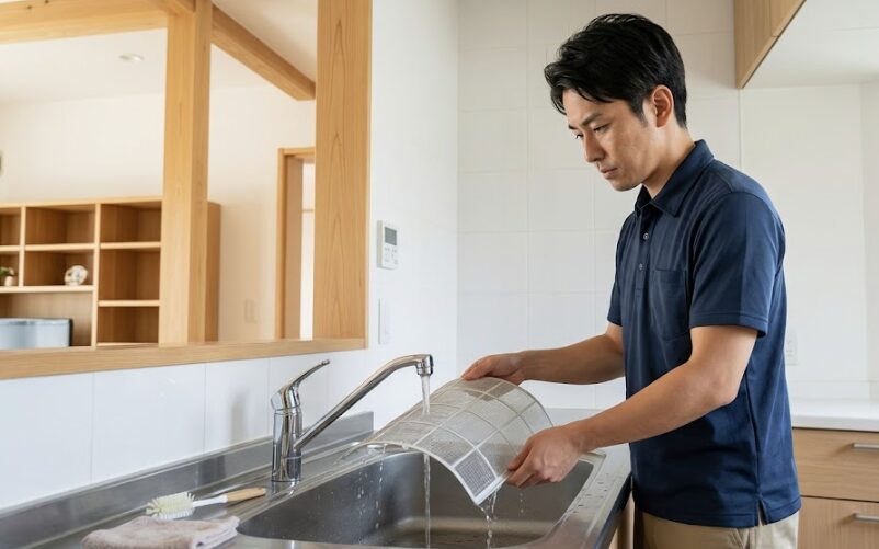 水道水でエアコンのフィルターを洗浄する。
