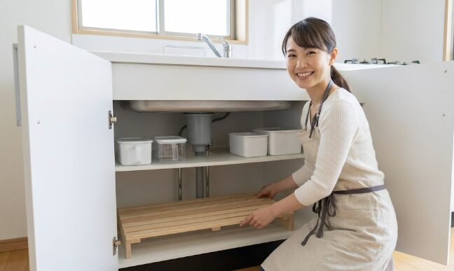 明るく清潔なキッチン。笑顔の日本人女性が、シンク下の扉を全開にし、物を整理して、通気性を確保するために木製のすのこを床に敷いている。