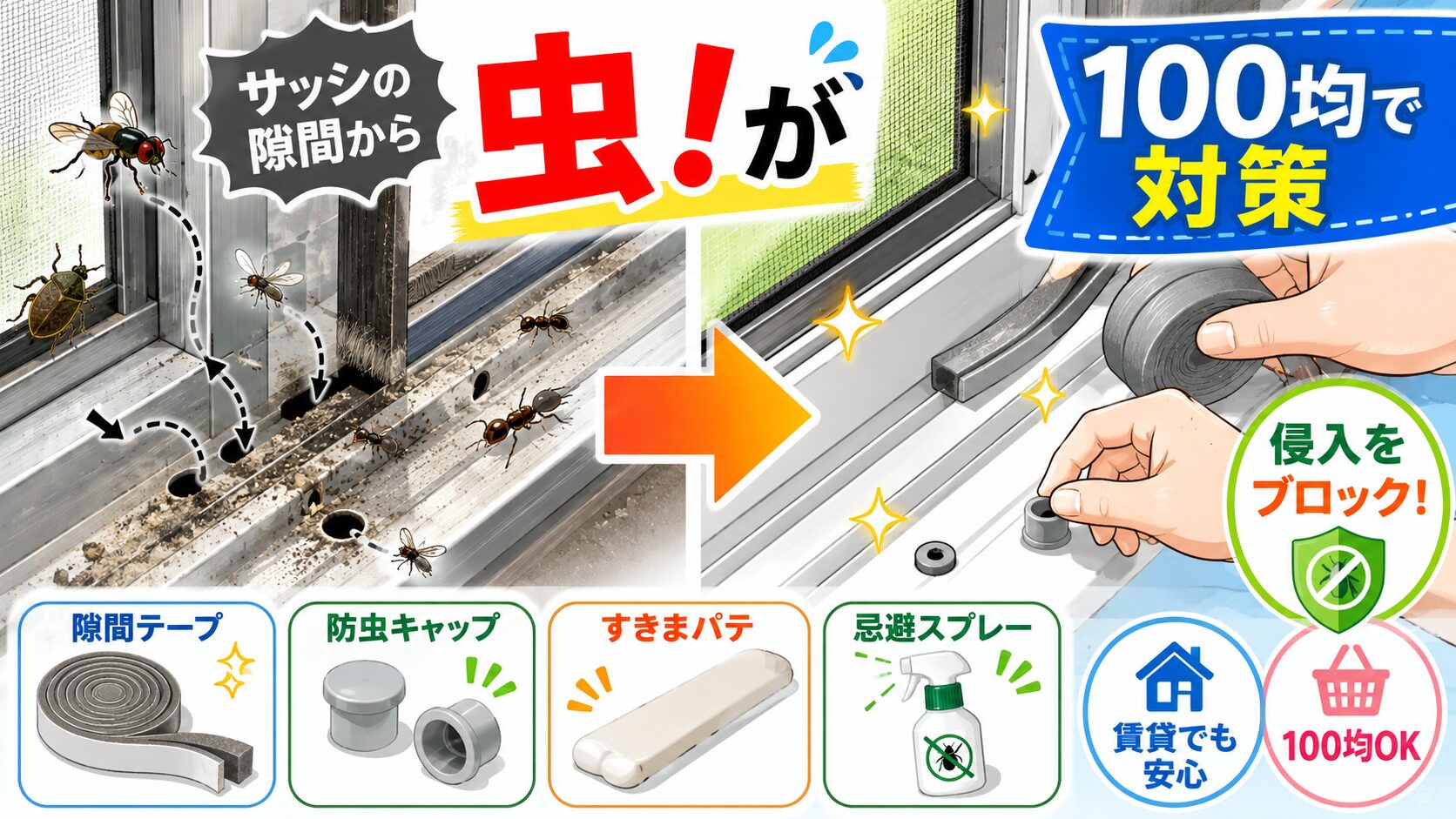 サッシレールの隙間から虫が！侵入する原因と100均でできる対策
