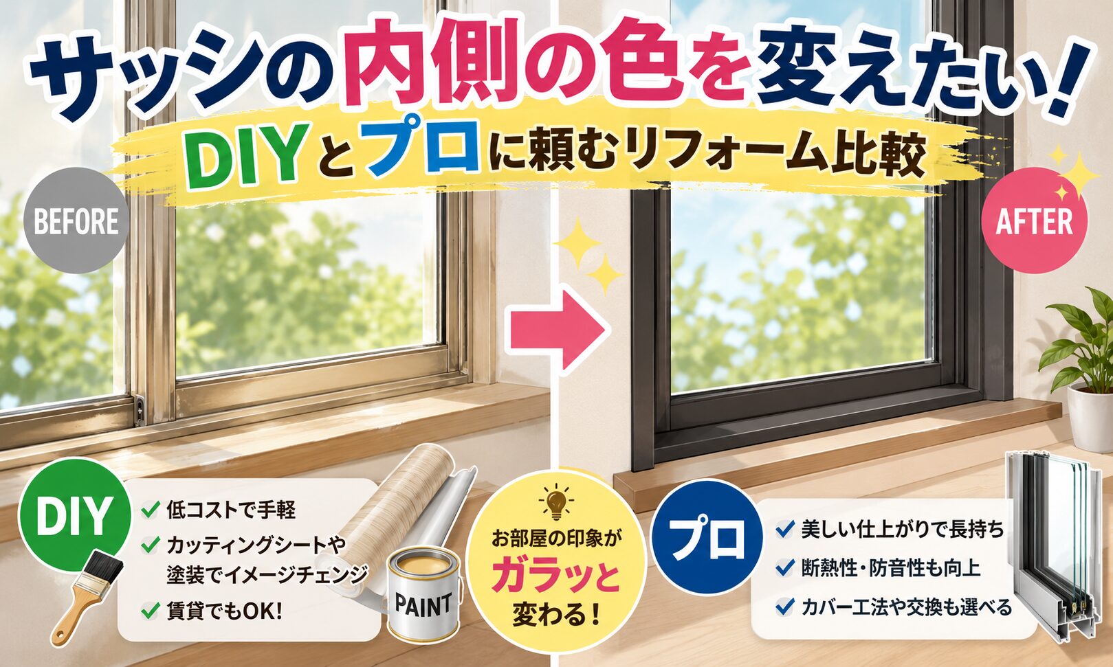 サッシの内側の色を変えたい！DIYとプロに頼むリフォーム比較