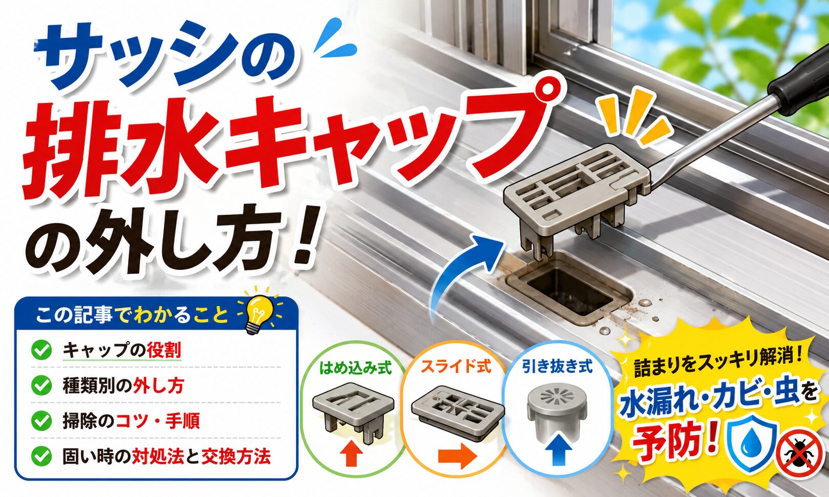 サッシの排水キャップの外し方！固い時の対処法と掃除のコツ