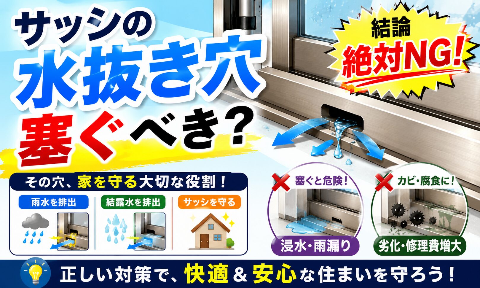 サッシの水抜き穴は塞ぐべき？絶対NGな理由とプロの虫・音対策