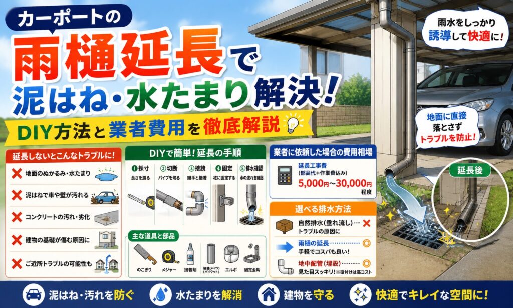 【カーポートの雨樋延長】泥はね・水たまり解決！DIY方法と業者費用