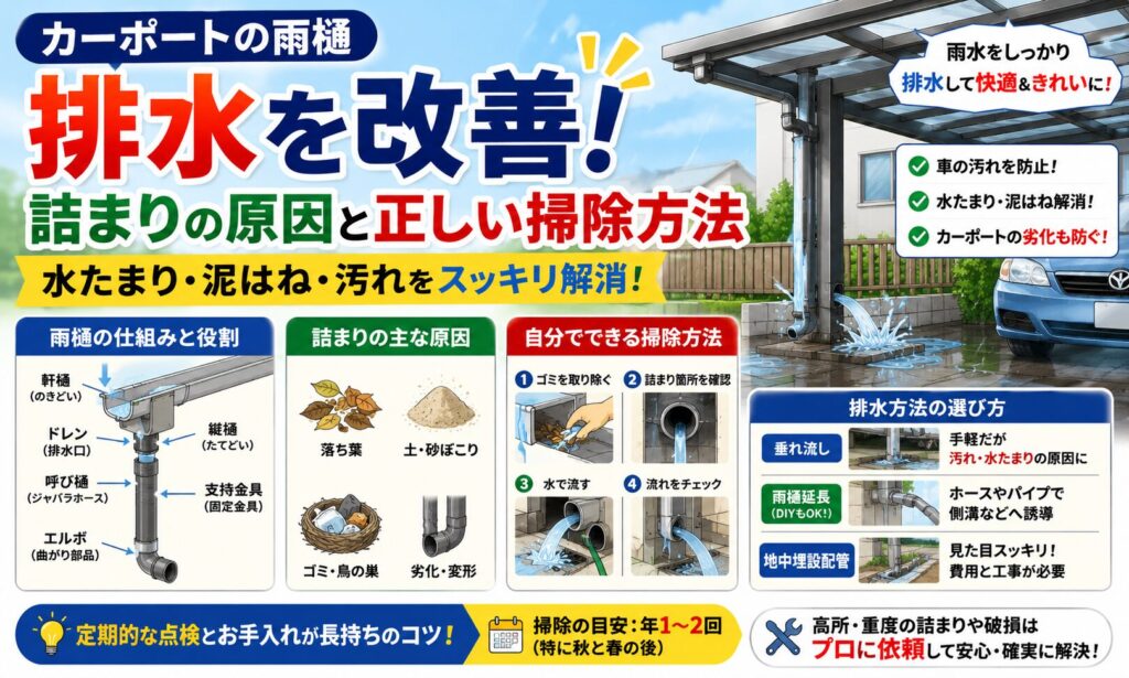 カーポート雨樋の排水を改善！詰まりの原因と正しい掃除方法