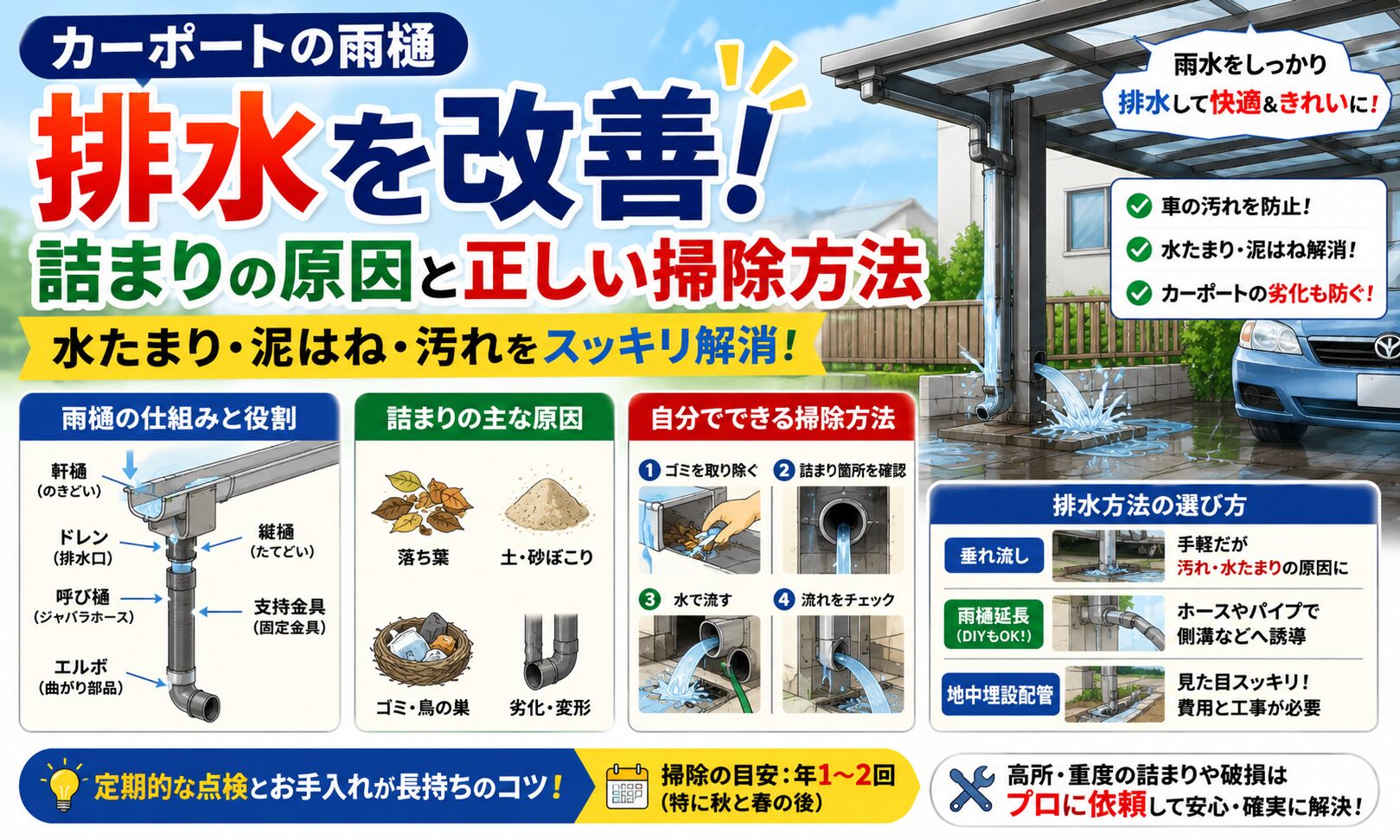 カーポート雨樋の排水を改善！詰まりの原因と正しい掃除方法