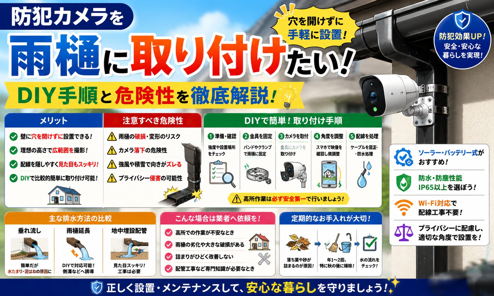 防犯カメラを雨樋に取り付けたい!穴を開けないDIY手順と危険性