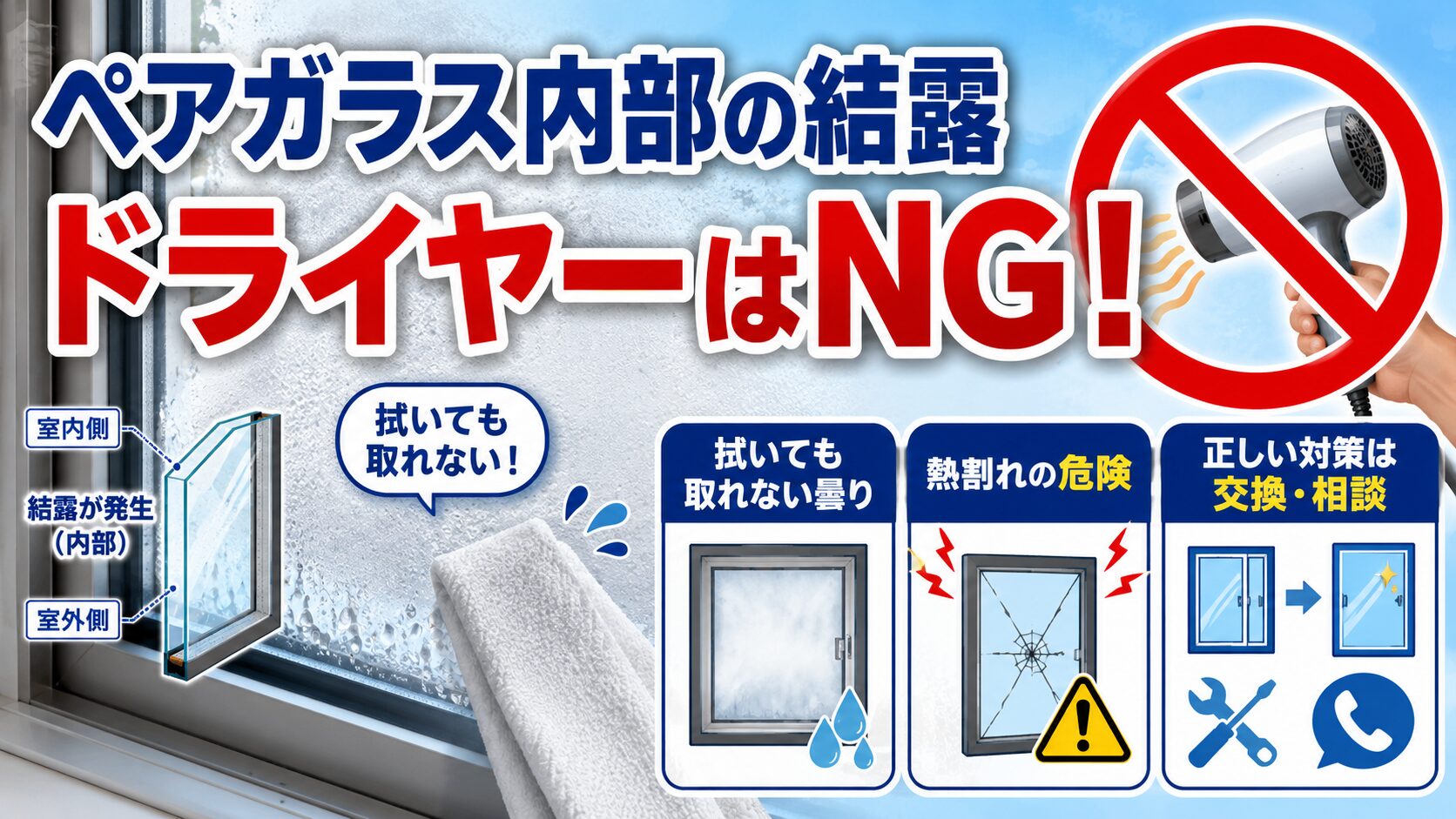 ペアガラス内部の結露にドライヤーはNG！プロが教える本当の対策