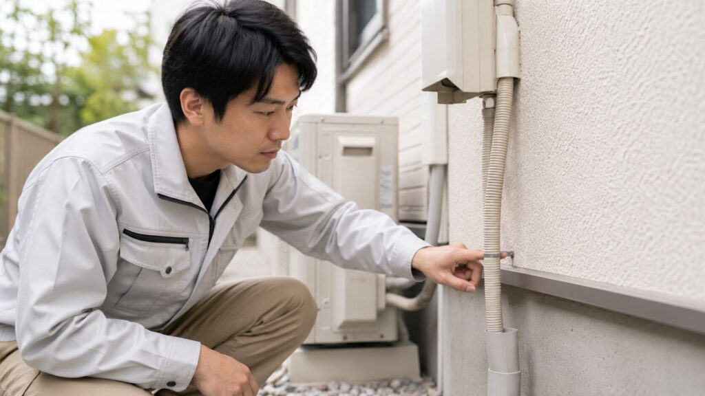 エアコンのドレンホースを真剣に点検する工務店スタッフ。プロの視点による原因究明と修理。