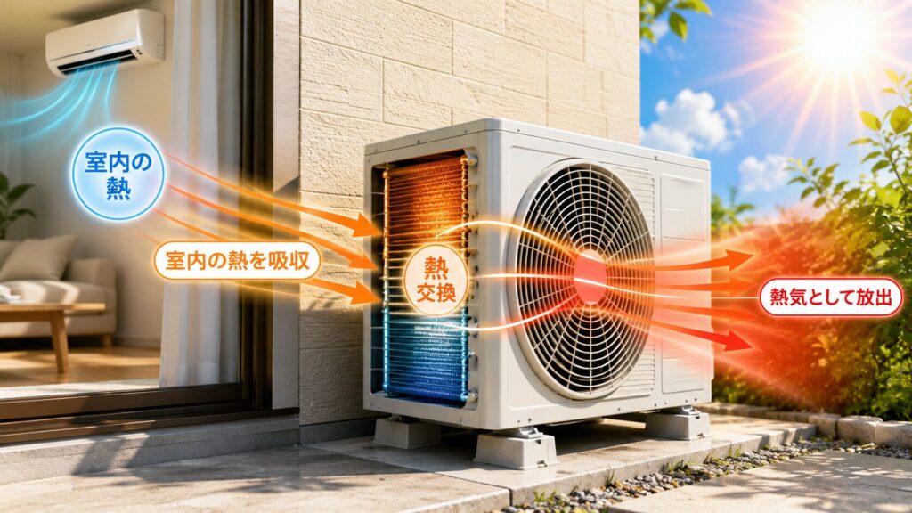 夏の直射日光下でエアコン室外機が室内の熱を熱気として放出する仕組みのイメージ