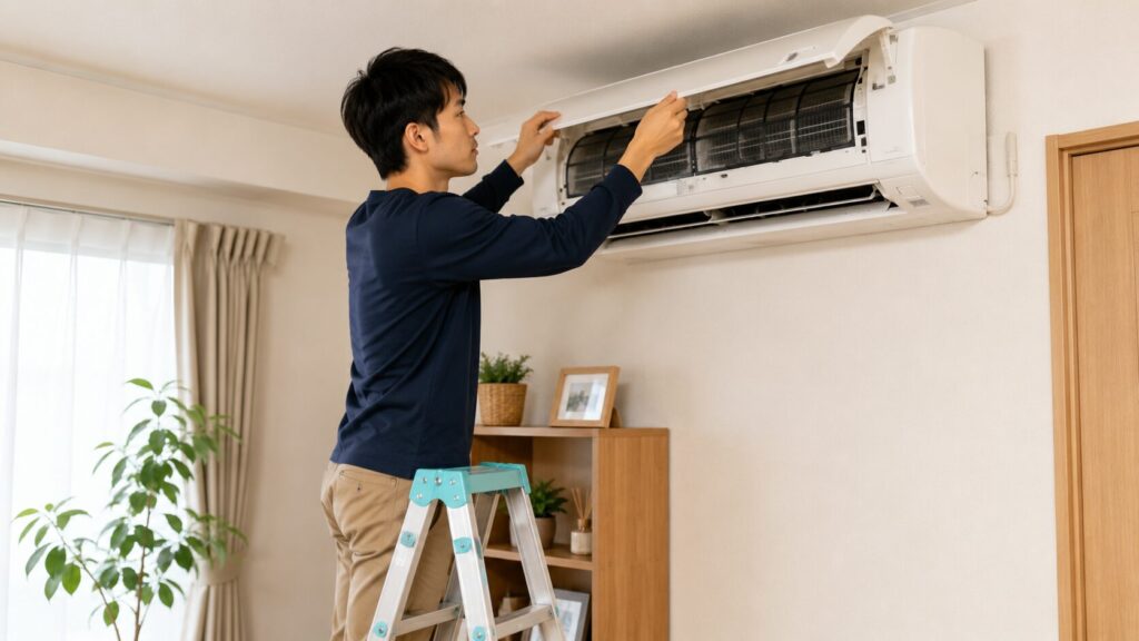 脚立を使い、自分で安全にエアコンの前面パネルを外す日本人男性。住宅のリビングルームで行われるDIY掃除の様子。
