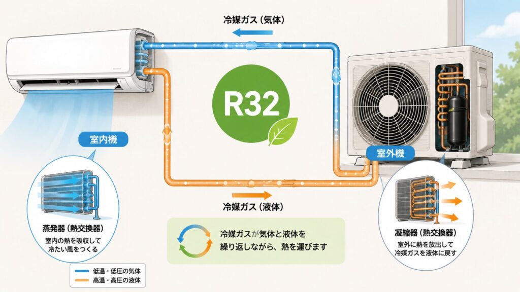 R32エアコンの室内機と室外機の間を流れる冷媒ガスの仕組みを図解したイラスト。専門知識の導入。