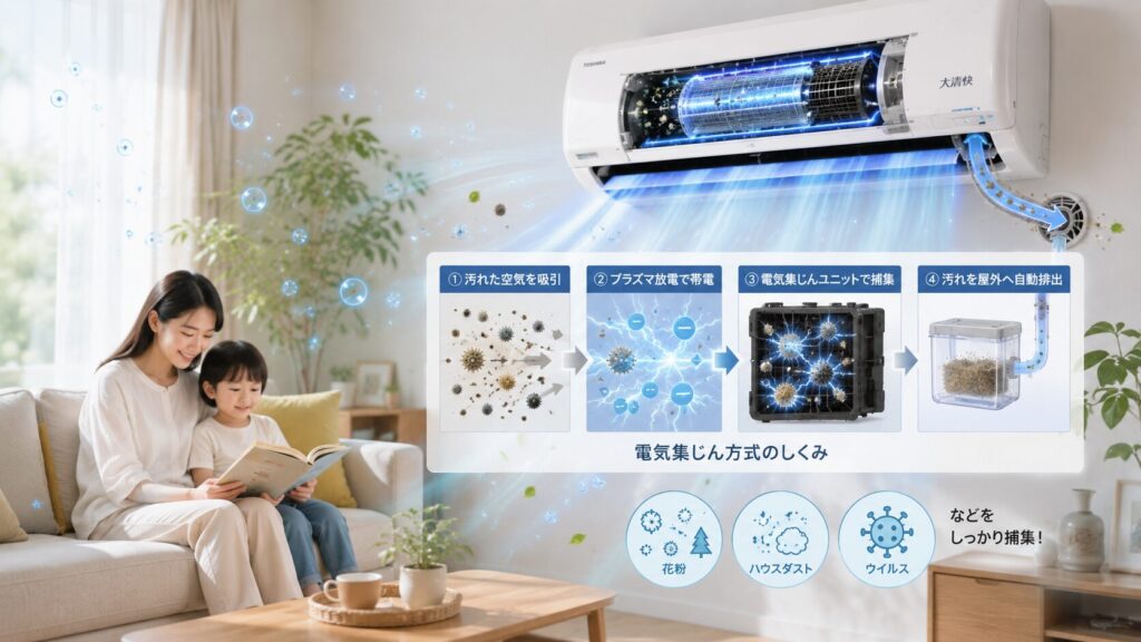 日本のリビングで東芝エアコン「大清快」のプラズマ空清機能が作動し、浮遊する微小な粒子を電気集じんユニットが捕集する仕組みを視覚化したイメージ画像。清潔な空気の中でくつろぐ親子。