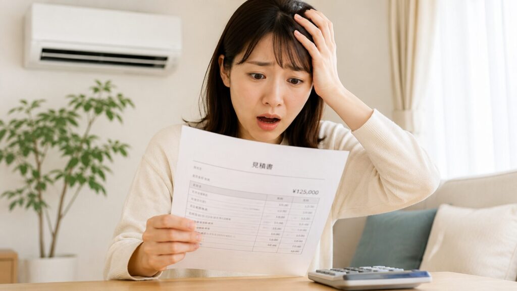 エアコンの見積書を見て、予想以上の金額に驚き頭を抱える日本の女性。