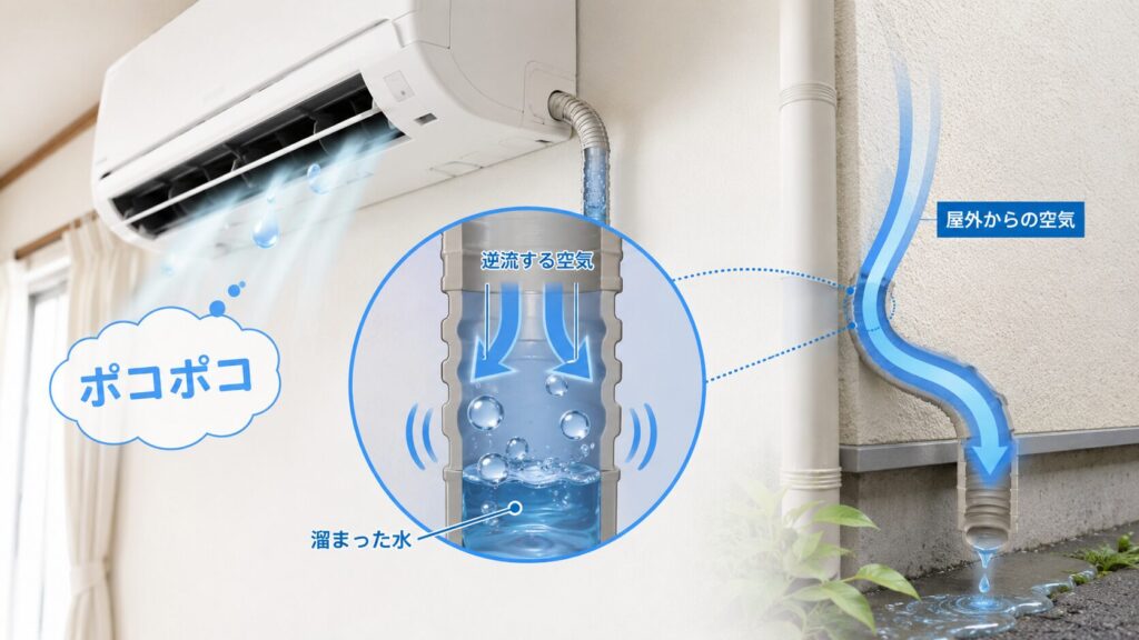 エアコンから聞こえる異音「ポコポコ」の仕組み。ドレンホース内の水と逆流する空気が生み出す現象。