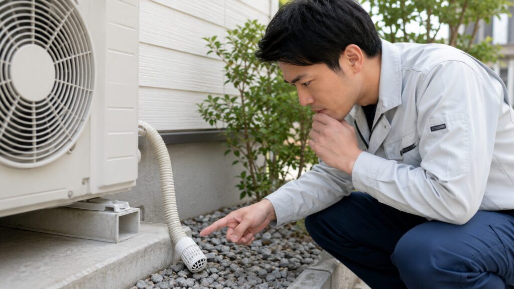 室外機近くのドレンホースの先端を真剣な表情で点検する、作業着姿の日本人専門家の画像