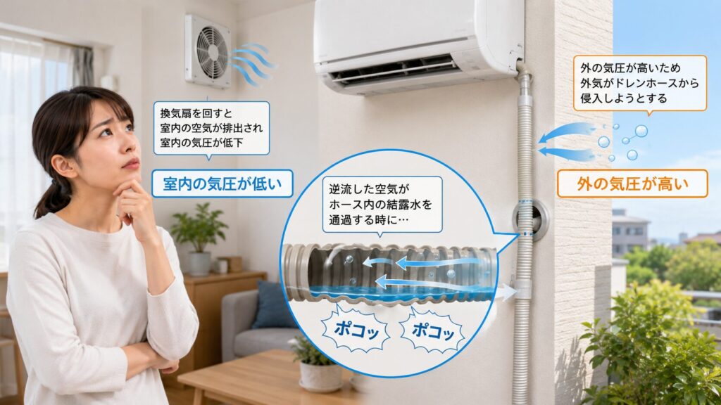 換気扇が回る高気密住宅の室内で、エアコンのドレンホースから空気が逆流してポコポコ音が鳴る仕組みを聞く日本人女性