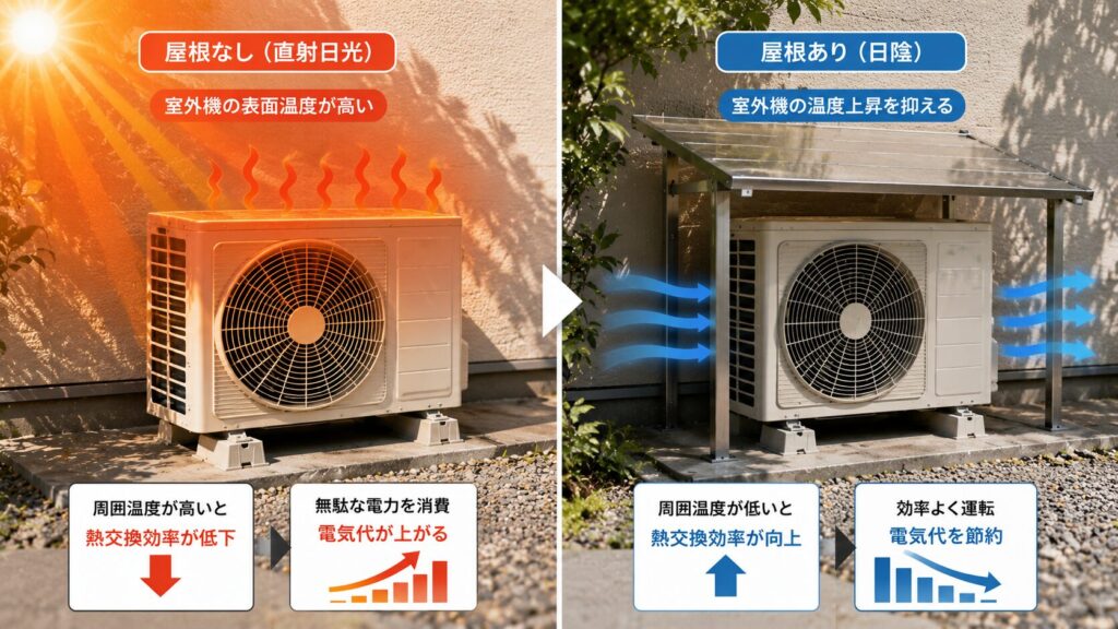 室外機に屋根を設置して日陰を作り冷房効率を高める効果の比較