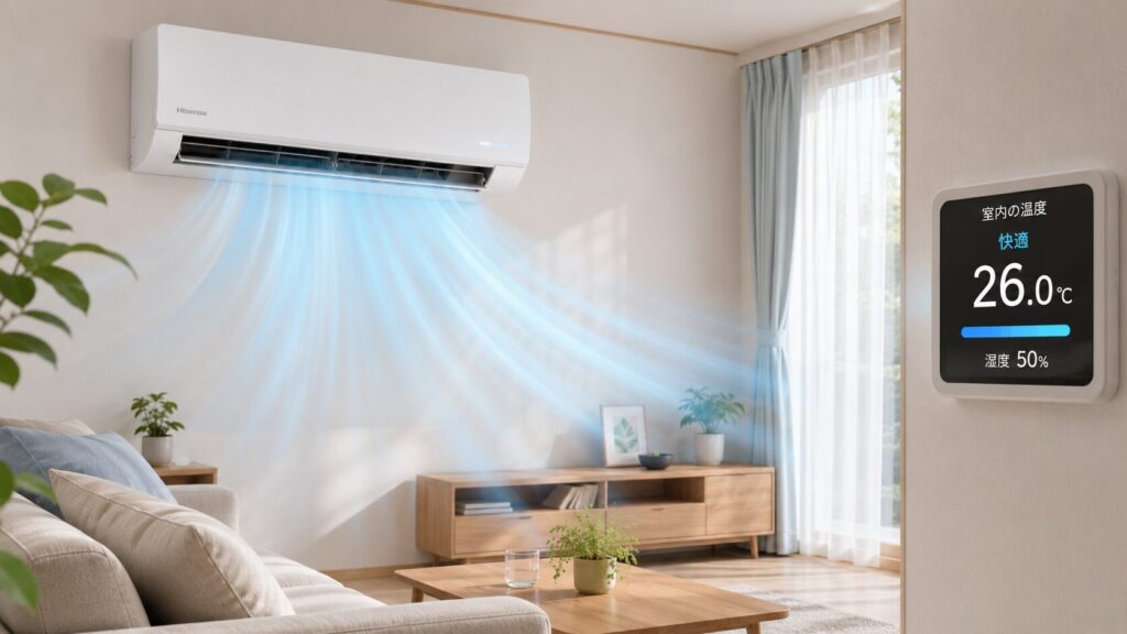 シンプルで機能的な日本の住宅の部屋に設置された、白いハイセンス製エアコン(Hisense)の室内機。涼しいまたは暖かい風が効率的に吹き出し、部屋全体を快適な温度に保っている様子。室内の空気の流れや安定した温度を示すデジタル表示が近くにある。