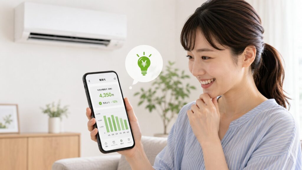 スマートフォンアプリでエアコンの電気代を確認し、省エネ効果に満足する日本人の女性