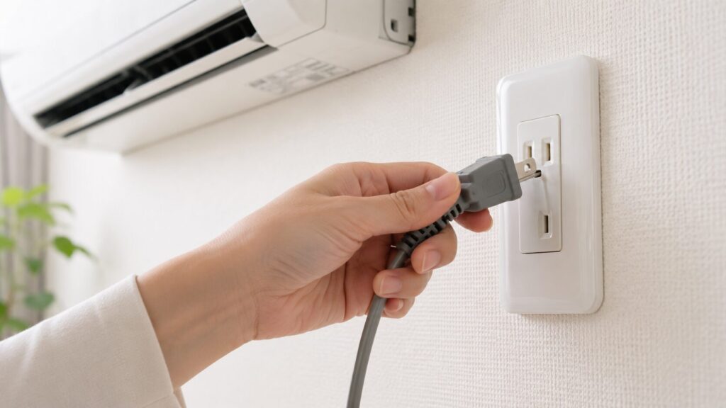 エアコンの安全な掃除のために、壁のコンセントから電源プラグを抜く人の手元。
