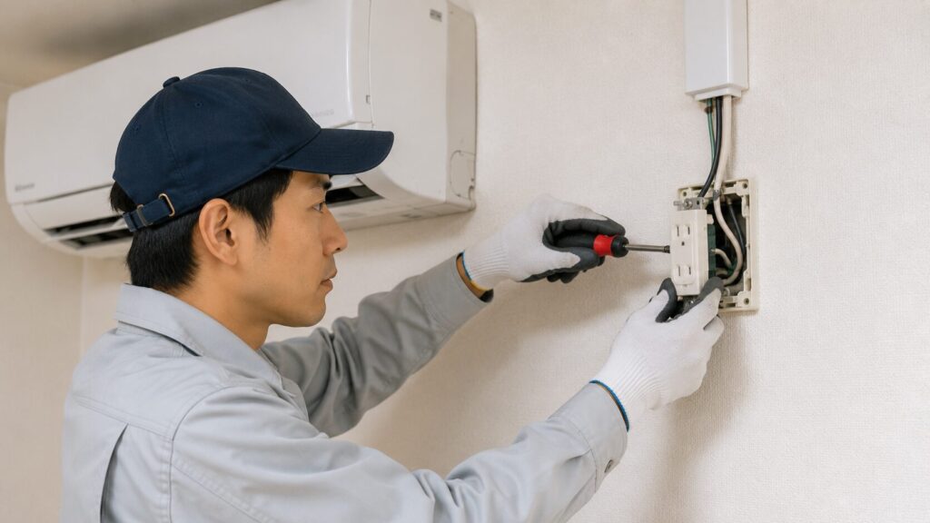エアコン設置工事で第二種電気工事士資格が必要な専用コンセント増設作業を行う日本人作業員