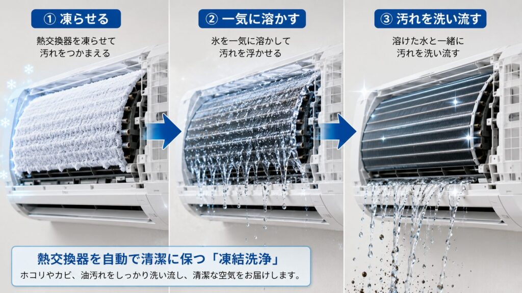 日立白くまくんエアコン内部の熱交換器が白く凍結し、その後一気に溶けてホコリや汚れを洗い流す「凍結洗浄」のメカニズムを視覚化したイメージ図。