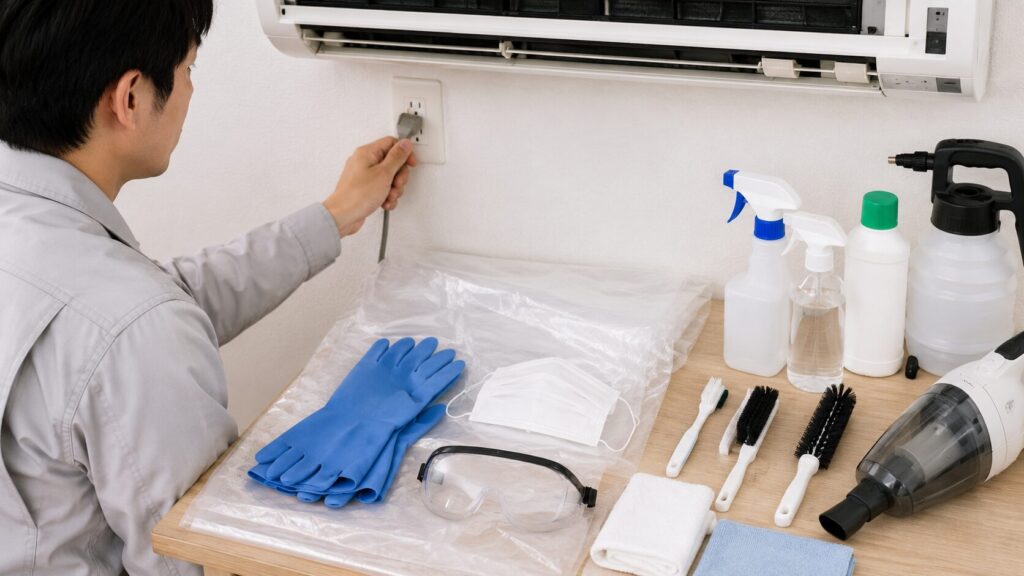 エアコン掃除の準備として、電源プラグを抜く人物と、テーブルに並べられた養生道具やブラシ。