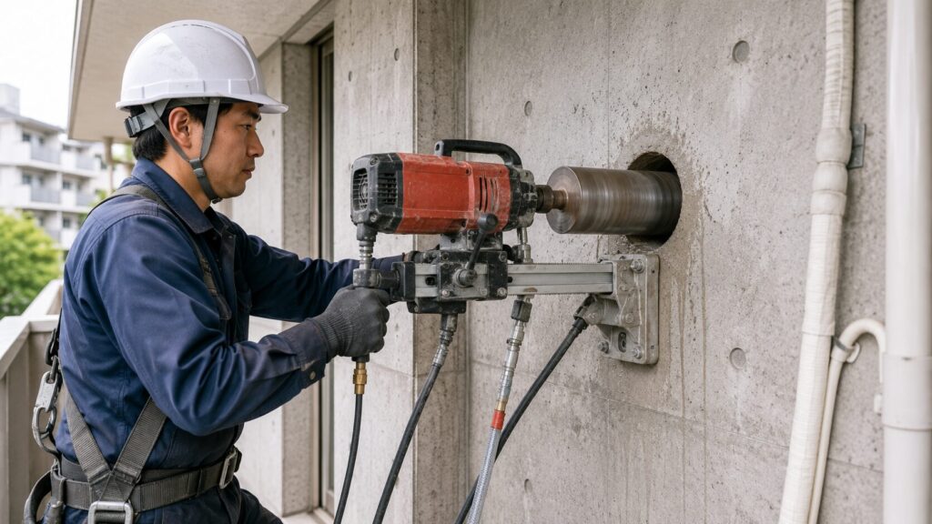 建物の厚いコンクリート壁に、専用のコアドリルを使って慎重に貫通穴を開ける、安全帯とヘルメットを着用した日本人技術者。