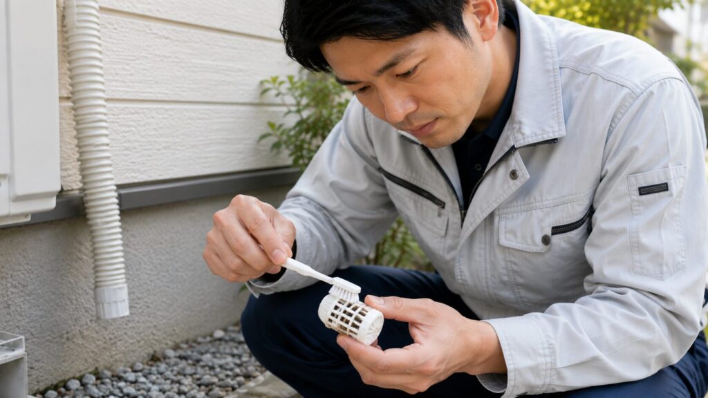 ドレンホースに付いた防虫キャップの詰まりを防ぐため、歯ブラシで丁寧に掃除する日本人のプロの画像