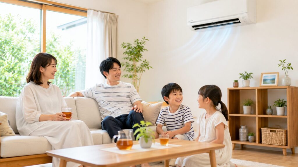 真夏の日本のリビングで、エアコンの効いた涼しい室内で快適に過ごす笑顔の家族。