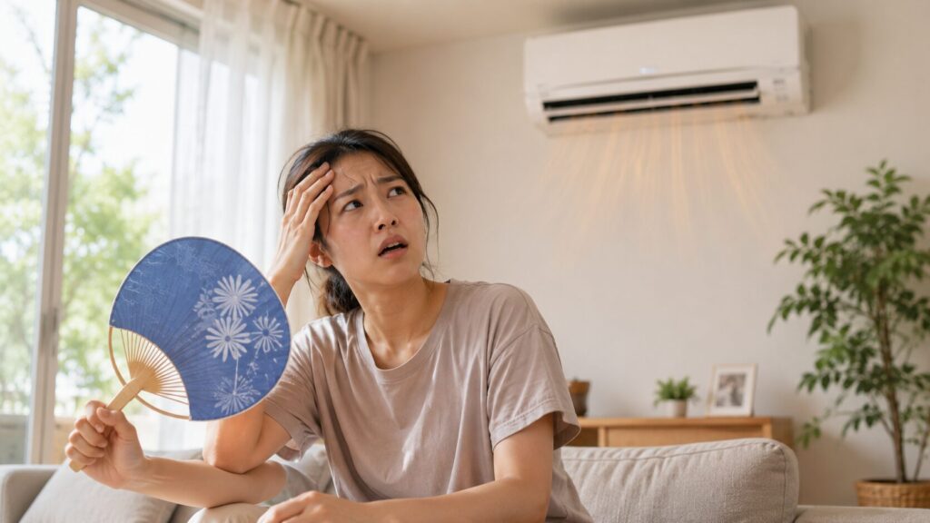 猛暑の夏、能力不足のエアコンの下でうちわを使い、暑さに困り果てた表情を浮かべる日本人女性。後悔のリアルな口コミをイメージ。