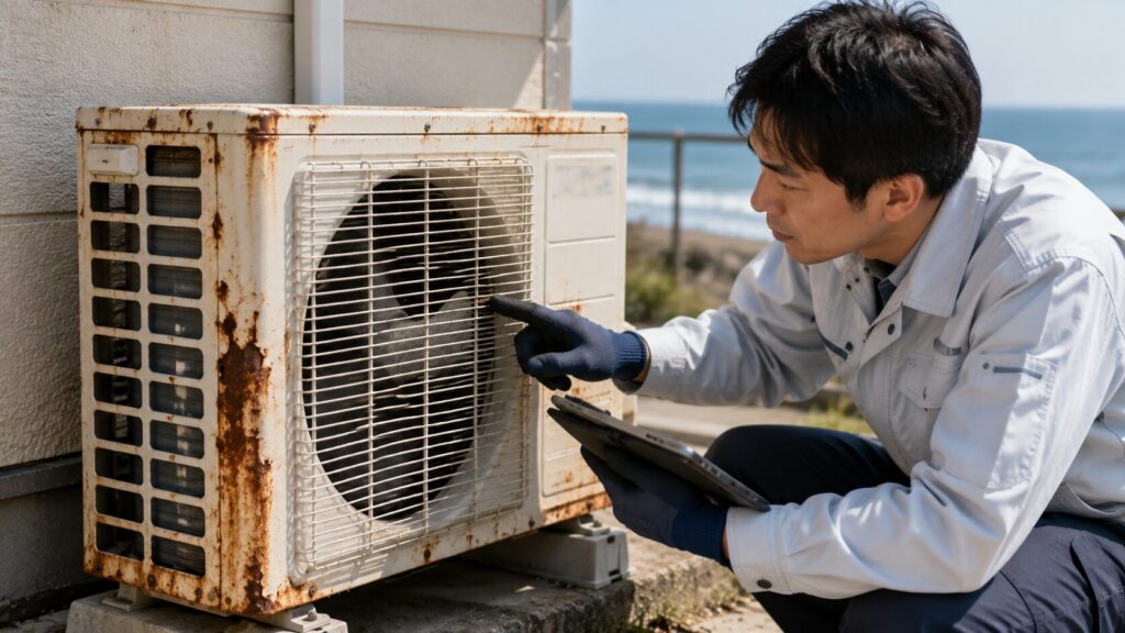 潮風によるサビで劣化し始めたエアコン室外機を点検するプロ。