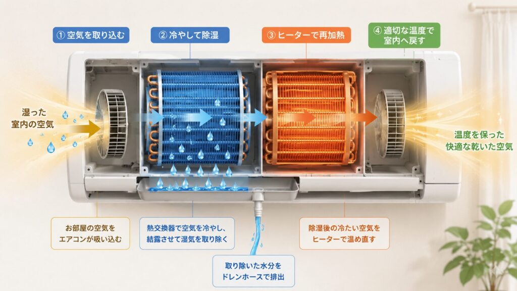 再熱除湿エアコンの仕組みを示す模式図。空気を冷やして除湿した後、ヒーターで適切な温度に温め直してから室内に戻す過程。