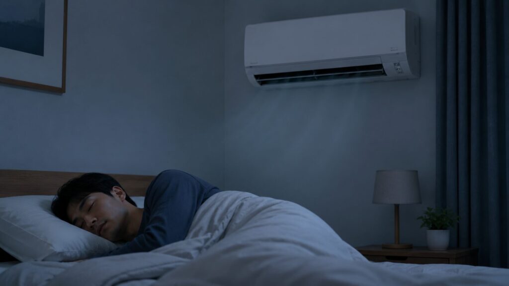 静かな寝室で夜間にアイリスオーヤマエアコンを運転させ、安眠する日本人の男性。