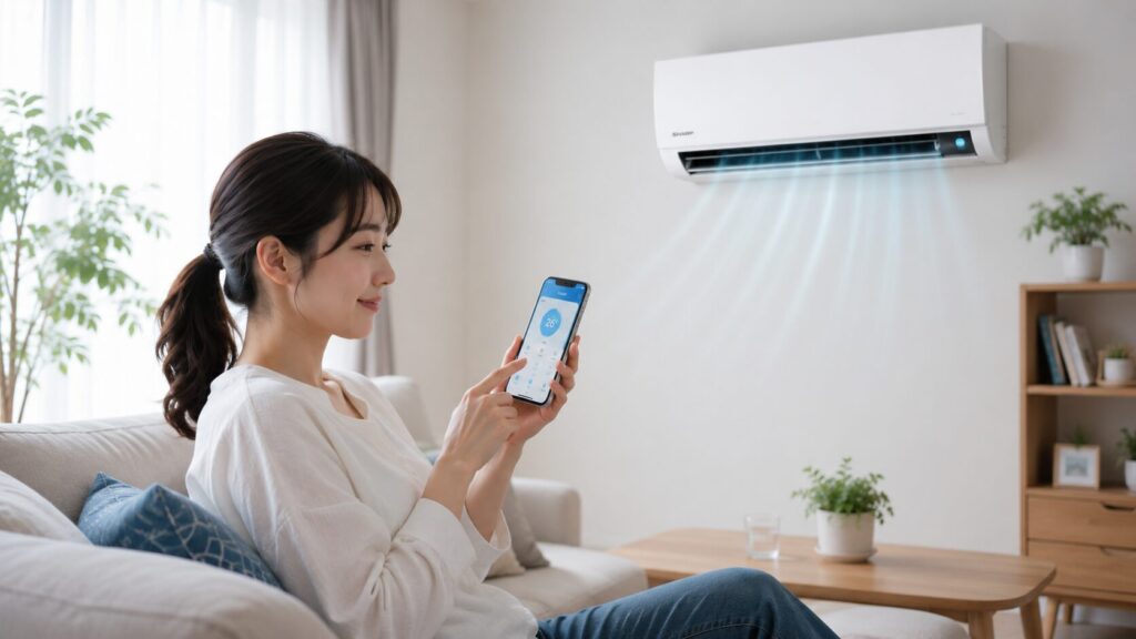 ソファに座る日本人女性が、スマートフォンを使って、壁に掛けられたシャープエアコンを遠隔操作している様子。