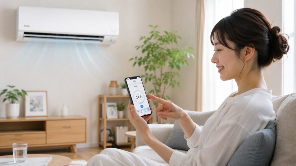 エオリアアプリを活用してスマートフォンからエアコンを操作し、快適に過ごす日本人