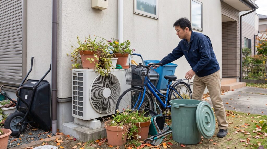 戸建て住宅の屋外に設置されたエアコン室外機の周りが、自転車や植木鉢、ゴミ箱などで塞がれている様子。空気の流れが遮られ、暖房効率が低下する原因となっている状況。