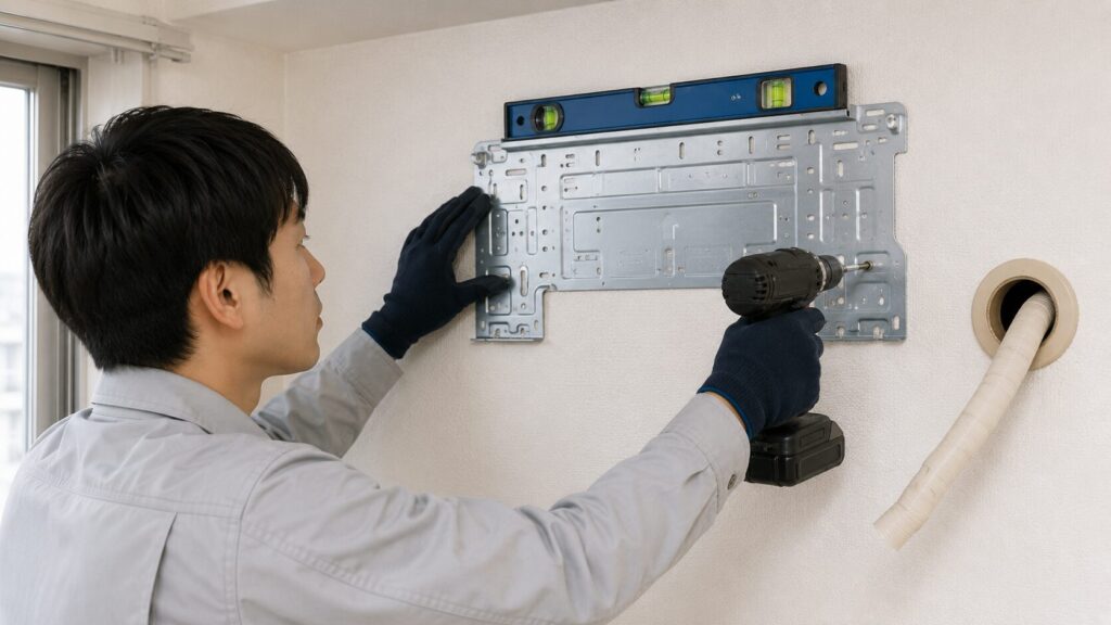 エアコン室内機の据付板を水平器を使って壁に固定する日本人作業員。具体的な設置手順の様子。